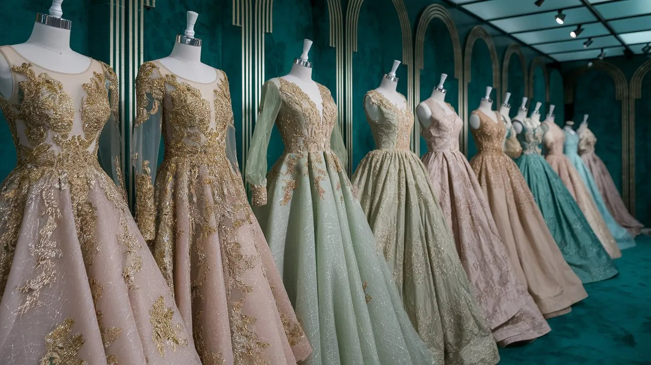 Luxurious display of high-end evening gowns