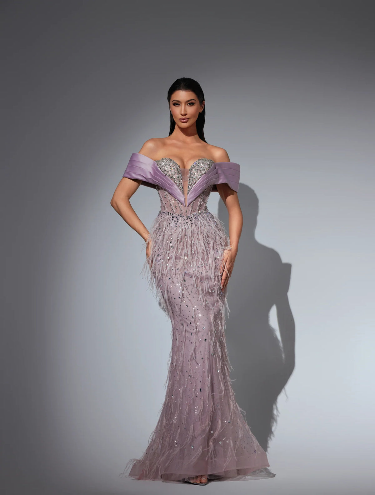 Avenavelle evening dress Dubai, Side-Draped Mermaid in Couture Crepe & Crystal with Bardot Off-Shoulder | Fostani One Main image