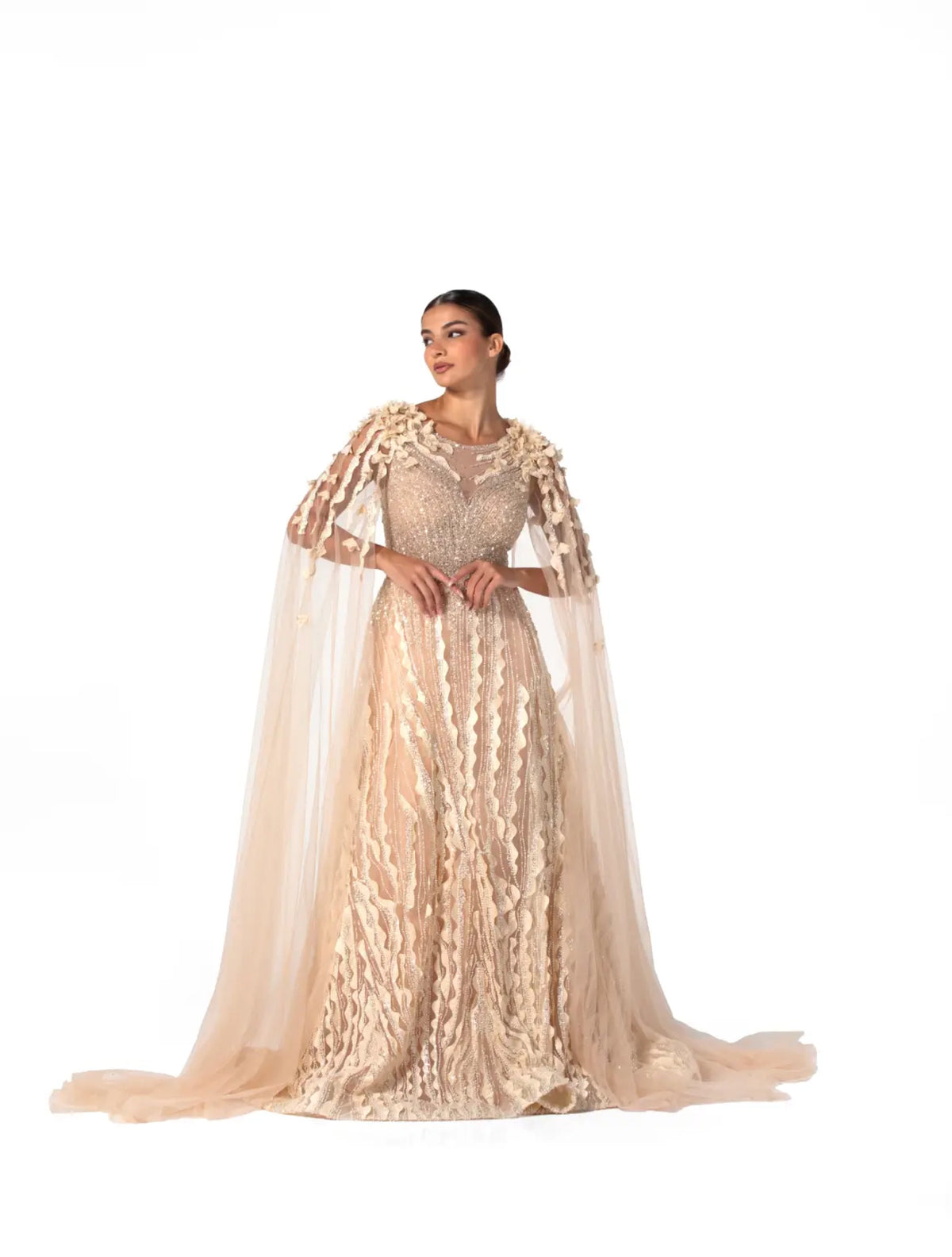 Camellia Elegance evening dress Dubai, Cape Gown in Lycra Polyester Lace with Round High Neck | Fostani One Main image