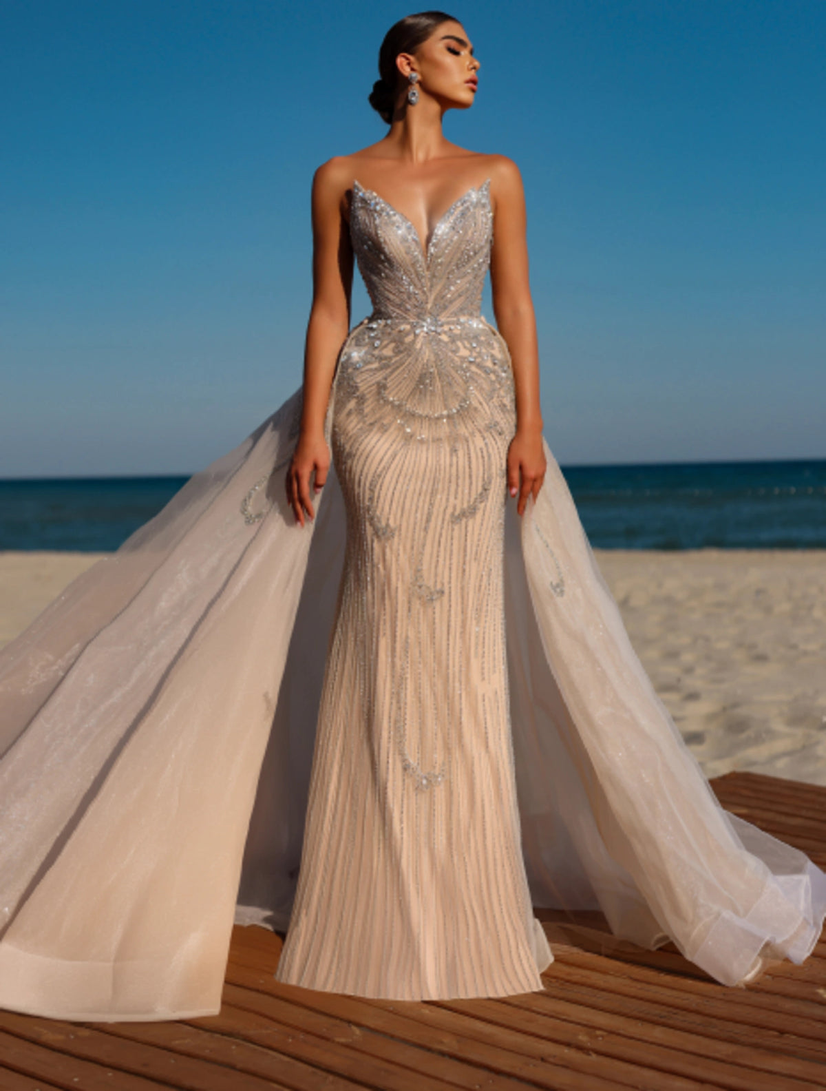 Eclipse Glow evening dress Dubai, Halter Mermaid Gown in Textured Beaded Crepe with Halter V-Neck | Fostani One Main image