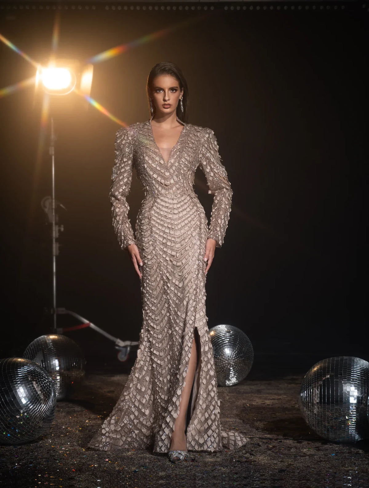 Grand Prestige evening dress Dubai, V-Neck Formal Gown in Textured Silk Blend with V-Neck | Fostani One Main image