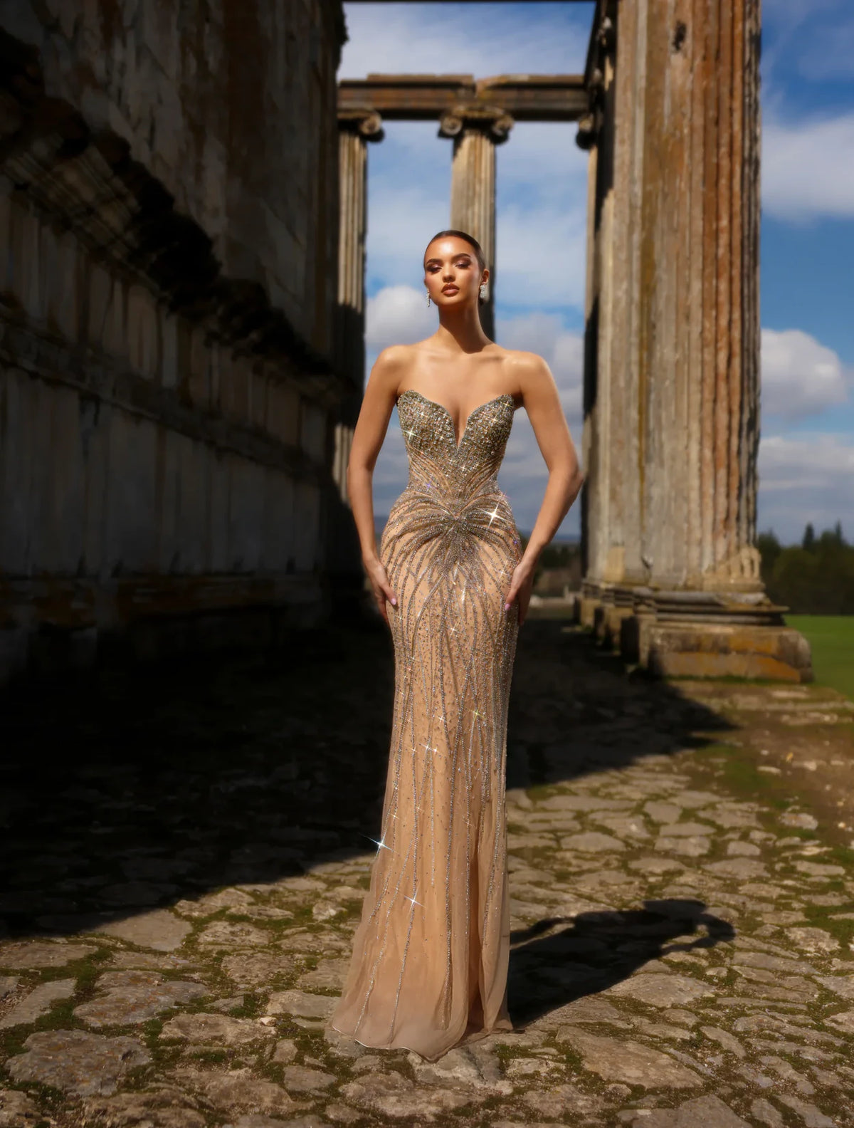 Loomed Desire evening dress Dubai, Flared Draped Mermaid in Artisanal Loomed Satin with Plunging V-Neck | Fostani One Main image