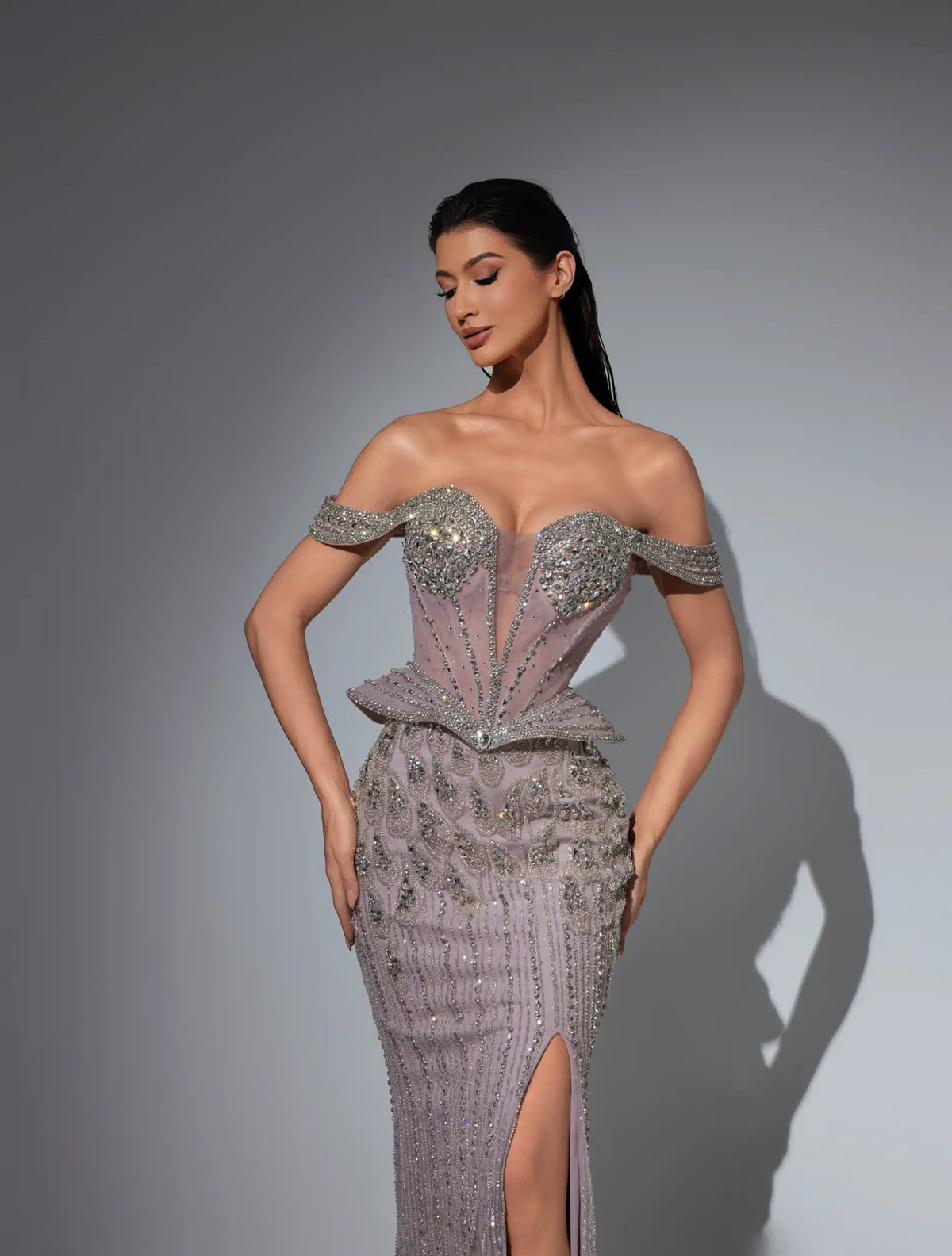 Lunirisse Dreamy evening dress Dubai, Corset Slit Gown in Silk Blend Crepe with Corset Bardot | Fostani One Main image