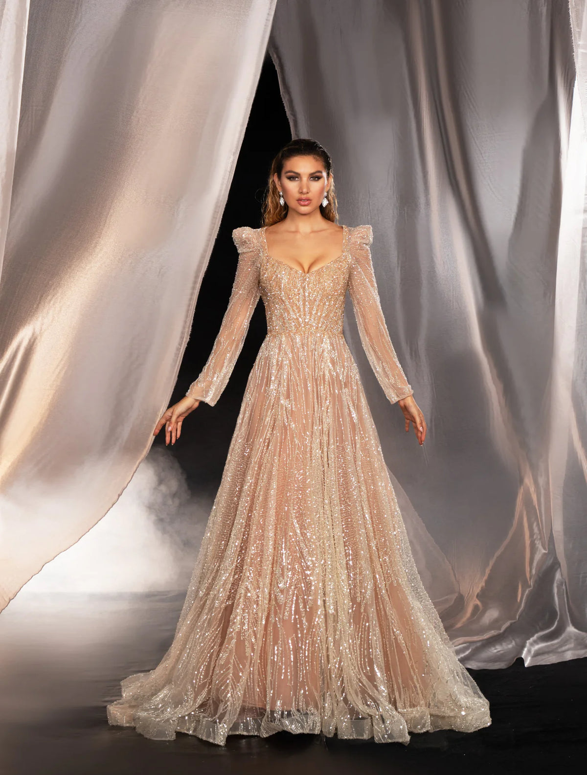 Noble Harmony evening dress Dubai, Long-Sleeve Gown in Chiffon Crepe with Bardot Sweetheart | Fostani One Main image