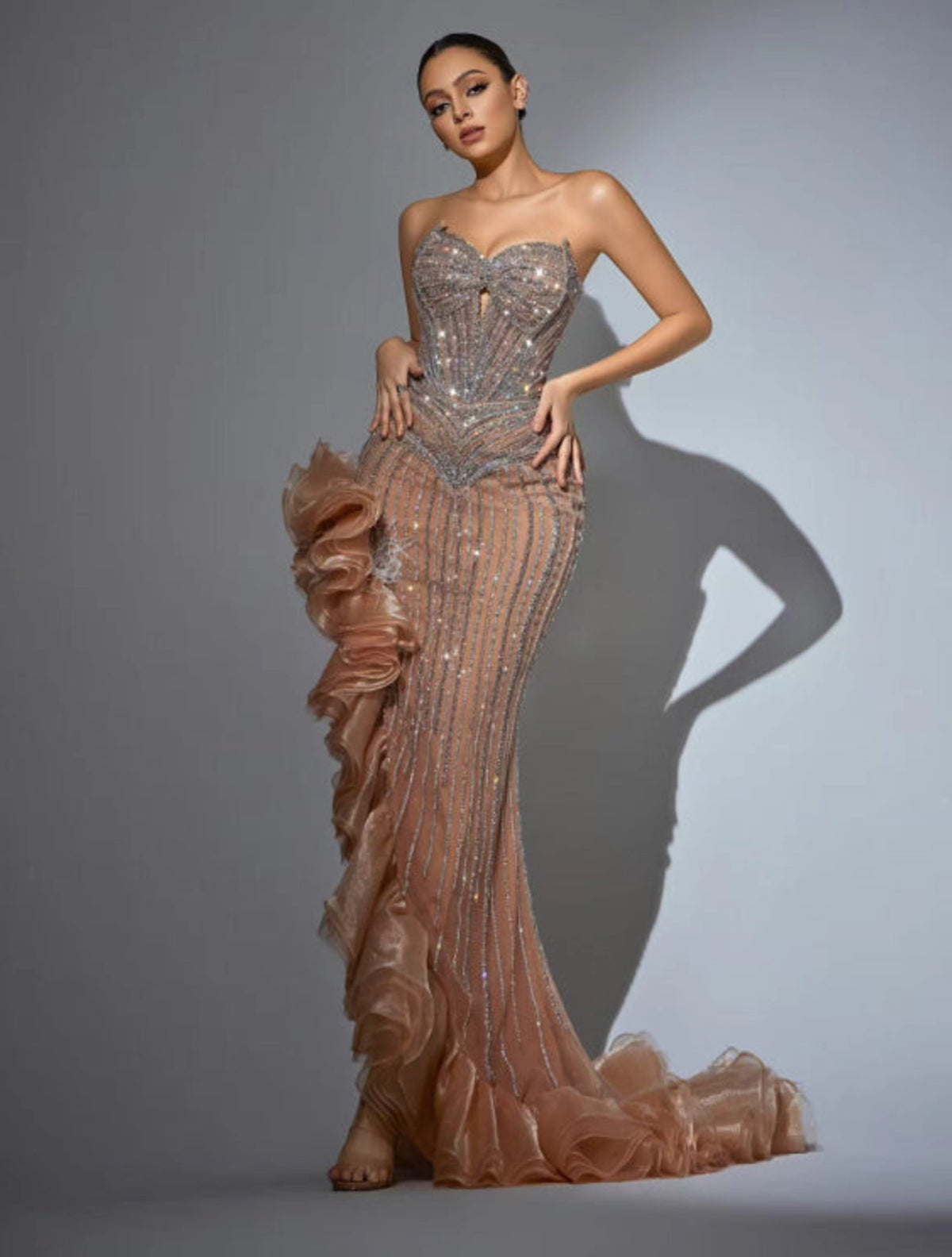 Nova Majesty evening dress Dubai, Sweetheart Mermaid in Embellished Silk Net with Sweetheart Strapless | Fostani One Main image