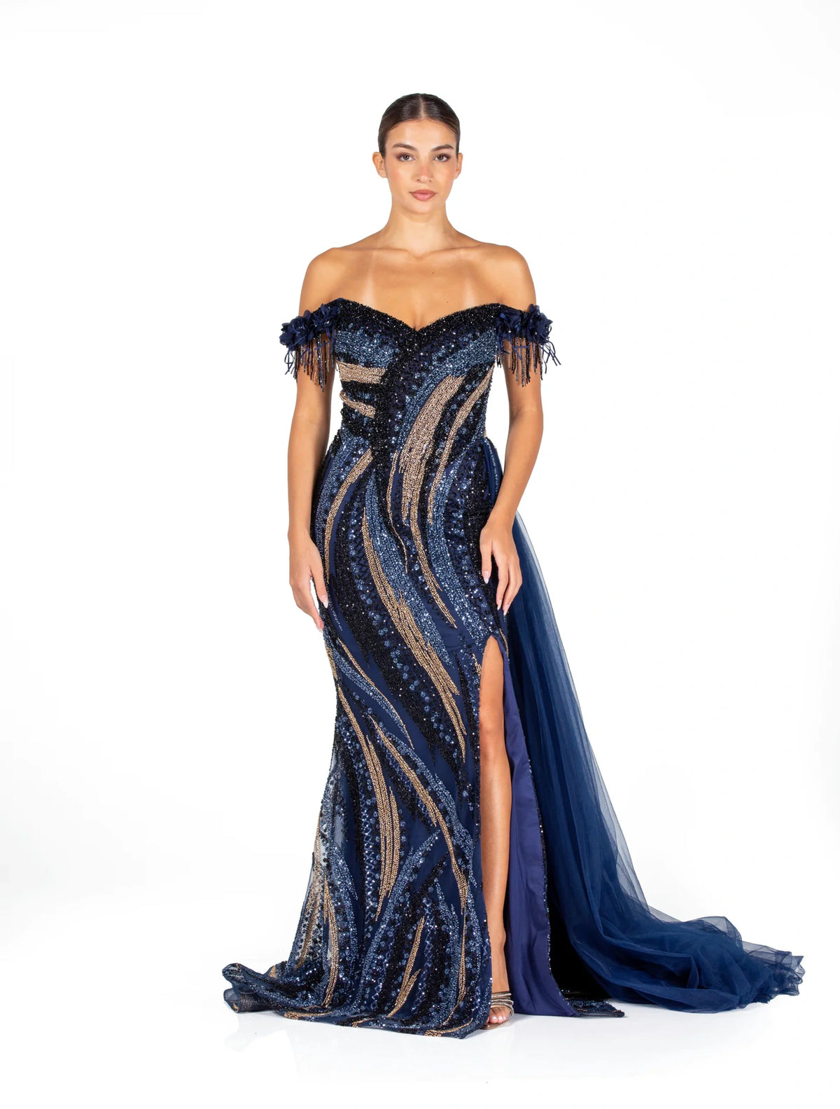 Orchid Radiance evening dress Dubai, Floral Embroidered Gown in Silk Blend Net with Round Evening | Fostani One Main image