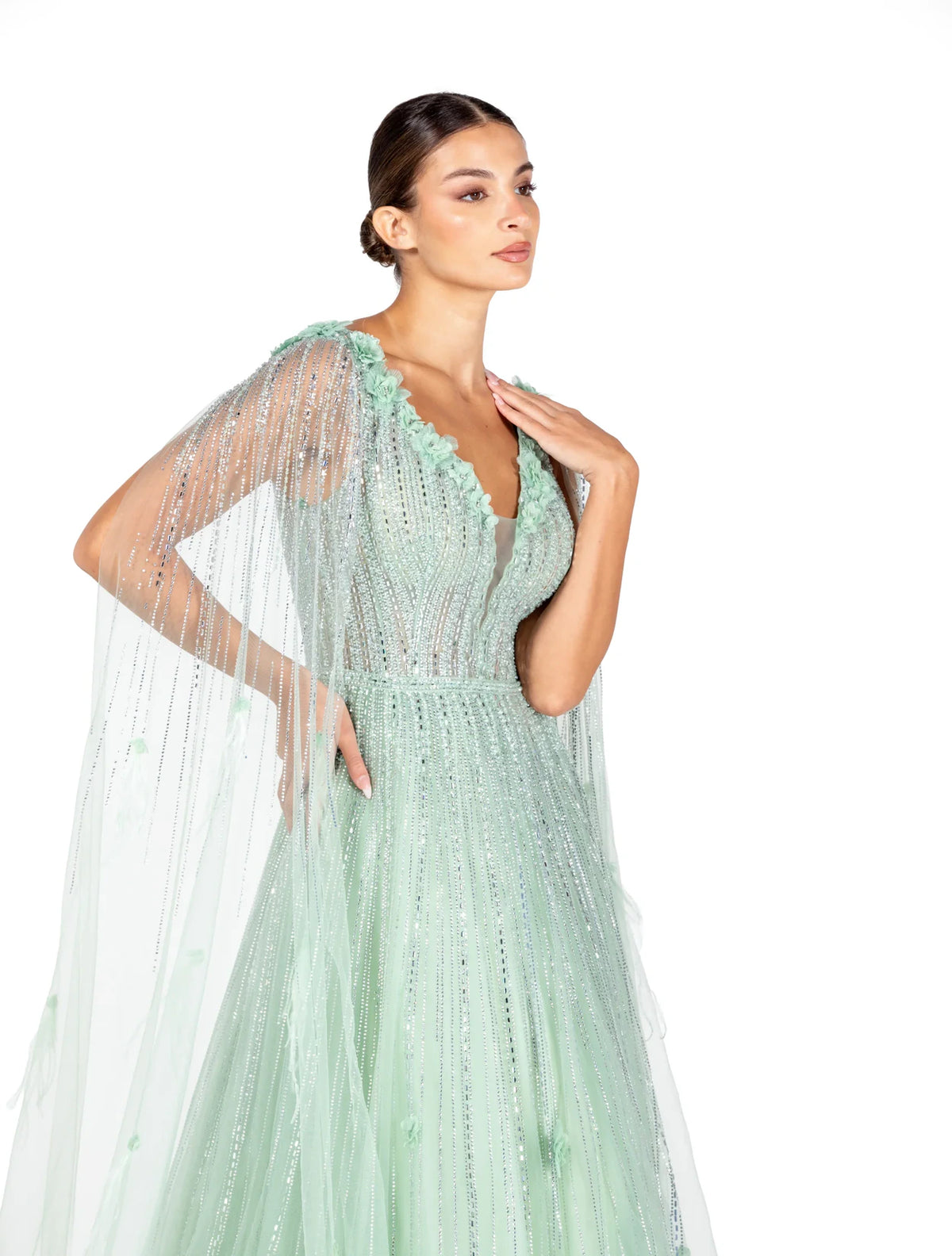 Peony Majesty evening dress Dubai, Floral Flared Gown in Mesh Nylon Synthetic with V-Neck Round | Fostani One Main image