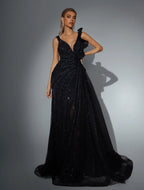 Radiant Goddess evening dress Dubai, Slit Sheath Gown in Sequin Mesh with Plunging V-Neck | Fostani One