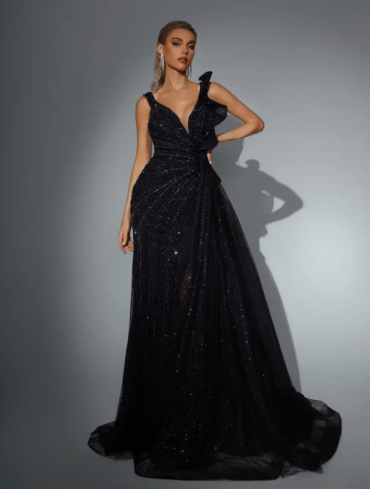 Radiant Goddess evening dress Dubai, Slit Sheath Gown in Sequin Mesh with Plunging V-Neck | Fostani One
