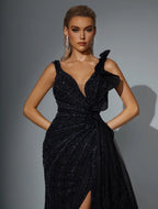 Radiant Goddess evening dress Dubai, Slit Sheath Gown in Sequin Mesh with Plunging V-Neck | Fostani One