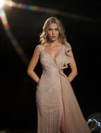 Radiant Goddess evening dress Dubai, Slit Sheath Gown in Sequin Mesh with Plunging V-Neck | Fostani One