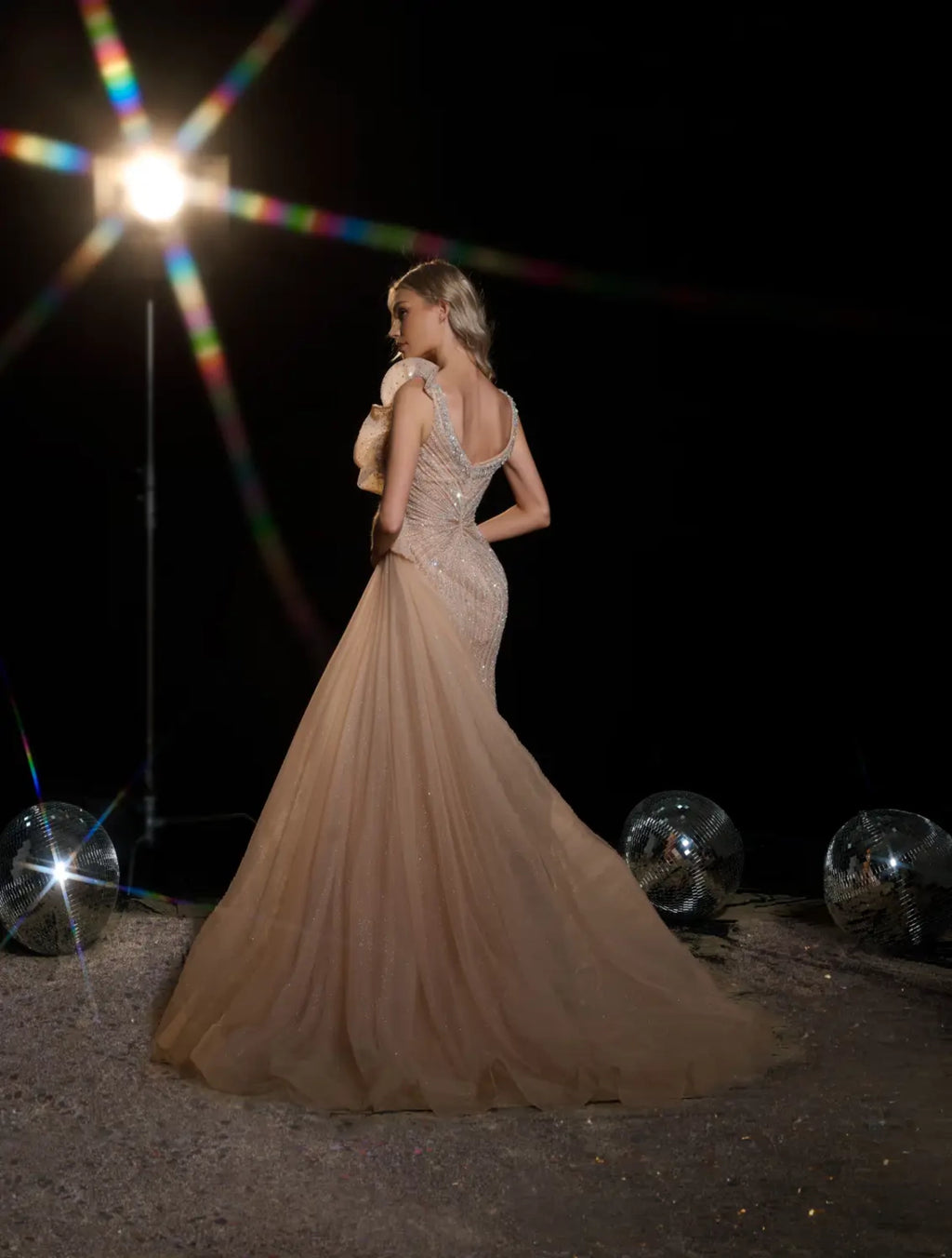Radiant Goddess evening dress Dubai, Slit Sheath Gown in Sequin Mesh with Plunging V-Neck | Fostani One