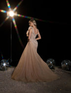 Radiant Goddess evening dress Dubai, Slit Sheath Gown in Sequin Mesh with Plunging V-Neck | Fostani One