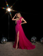 Radiant Goddess evening dress Dubai, Slit Sheath Gown in Sequin Mesh with Plunging V-Neck | Fostani One
