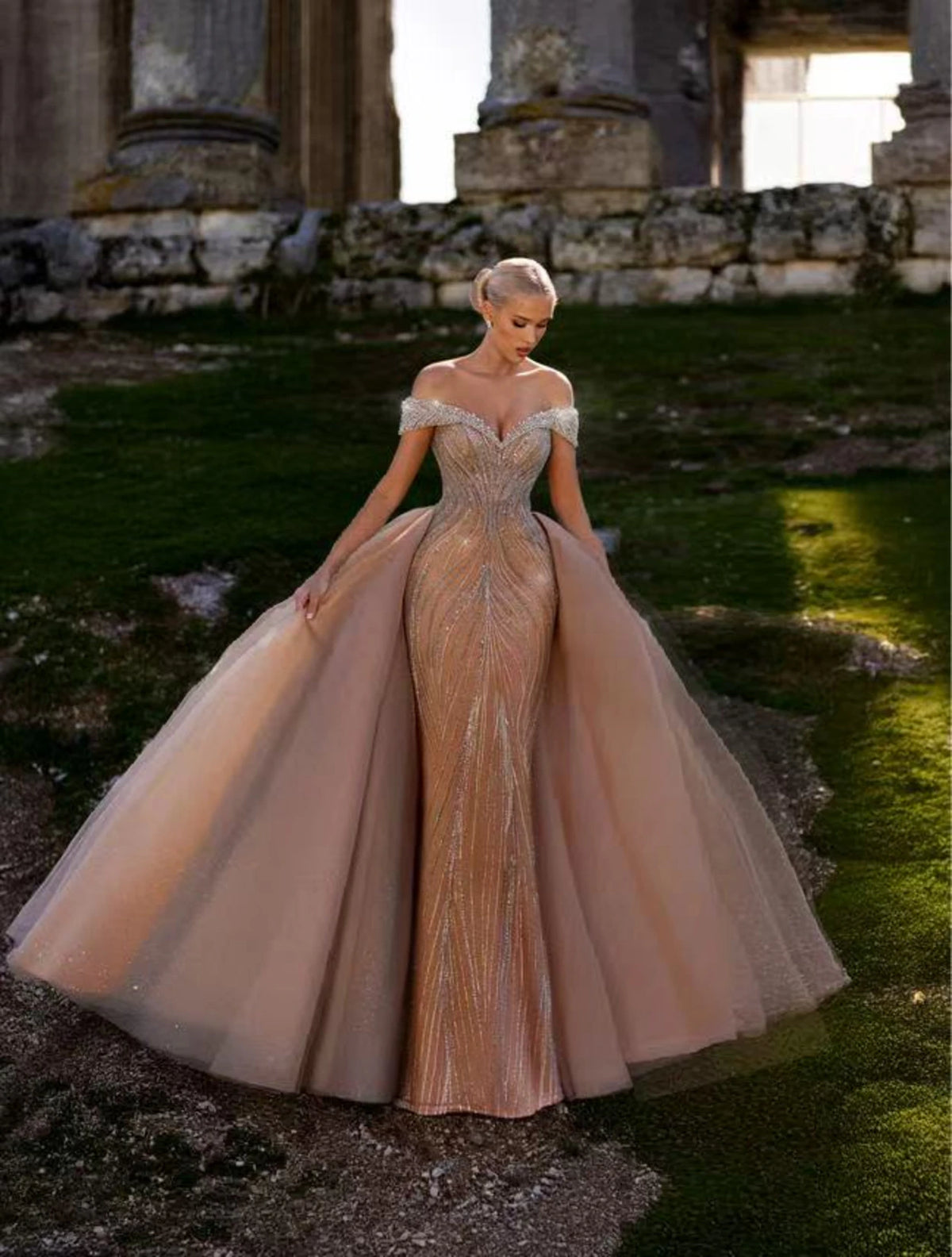 Sand of Verona evening dress Dubai, Flared Draped Gown in Silk Blend Crepe with V-Neck | Fostani One Main image