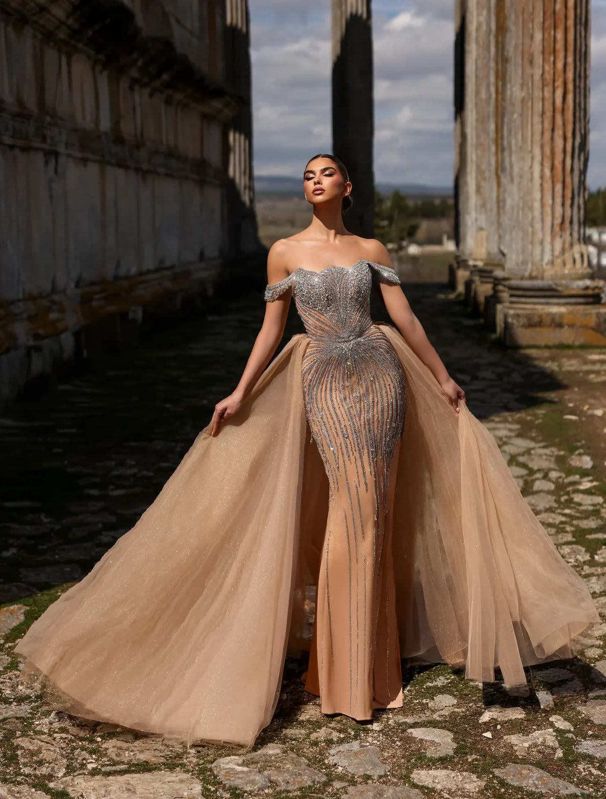 Silken Legacy evening dress Dubai, Pure Silk Mermaid in Italian Silk Crepe with Sweetheart Bardot | Fostani One Main image