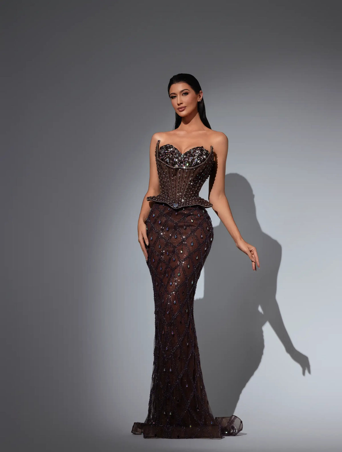 Soliravelle evening dress Dubai, Strapless Mermaid in Embellished Crepe with Strapless Sweetheart | Fostani One Main image