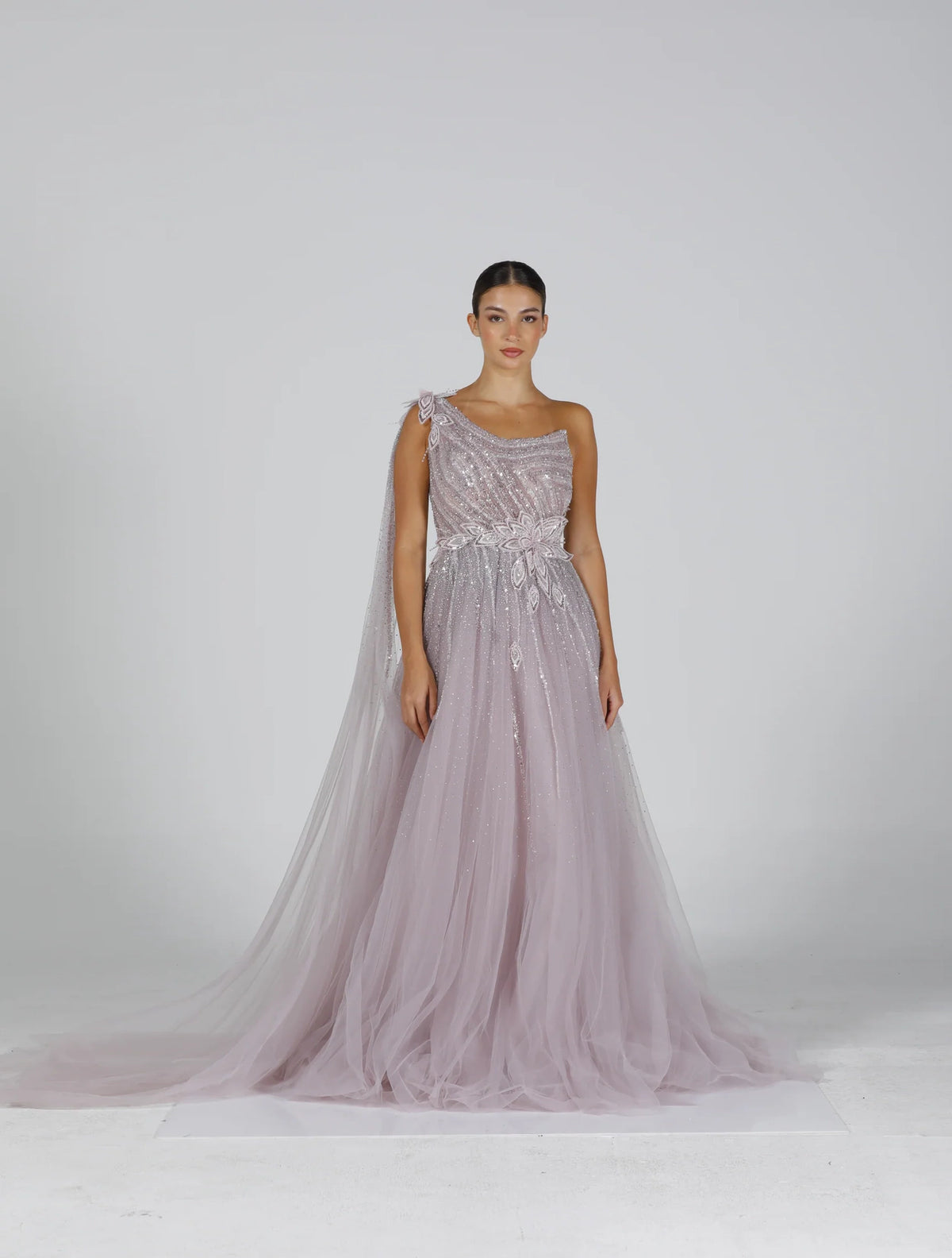 Velvet Prestige evening dress Dubai, Asymmetric Flared Gown with Asymmetric One-Shoulder | Fostani One Main image