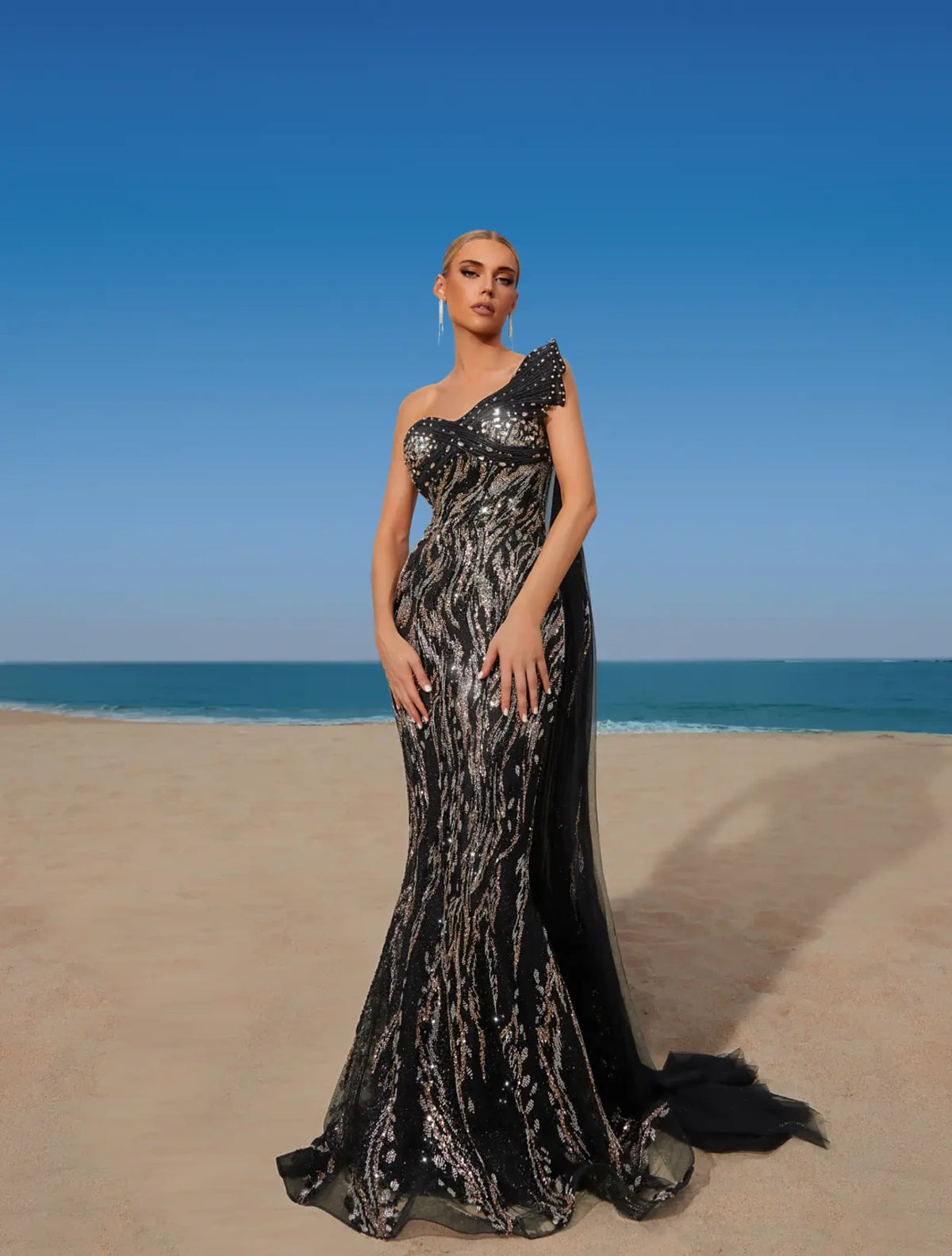 Zafira evening dress Dubai, Draped Mermaid Gown in Sequin Beaded Crepe with Asymmetric Sweetheart | Fostani One Main image